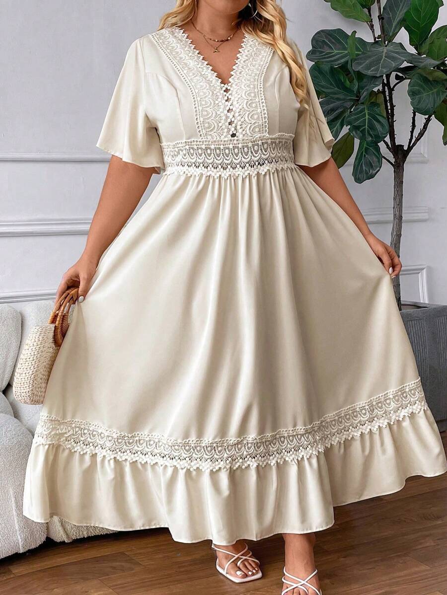 SHEIN CURVE+ Vestido de manga corta sencillo y de tamaño grande para mujer en unicolor ideal para uso diario - Albaricoque - Ver 1