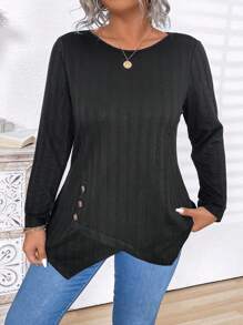 Plus Size Women Asymmetrical Hem Buttoned Casual Pullover Top Tee Shirt In Black, Fall/Winter - Black - View 7
