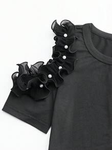 SHEIN Unity Women's Knitted Sleeve Shoulder Hollowed-Out Beaded Black T-Shirt - Black - View 7