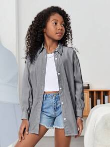 SHEIN Camisa deportiva casual de manga larga a rayas tejida estilo universitario para niñas preadolescentes