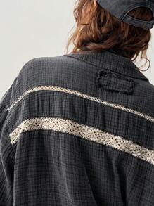 Bohemela Blusa casual de mujer con lavado y encaje de contraste para vacaciones, Blusa holgada de mujer con cuello en V, mangas largas y encaje de contraste en gris oscuro, uso casual diario en primavera/otoño