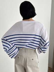 FRIFUL Women's Crew Neck Striped Long Sleeve Loose Knit Sweater, Casual Fall - Blue - View 6