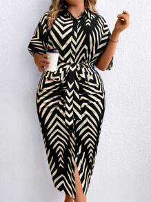 SHEIN Clasi Vestido Camisa com Botões na Frente Bloco de Cores em Espinha de Peixe para Verão, Plus Size, Estilo Casual para Mulheres - Preto - Visão 1