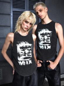 Manfinity UZERO Men's Knitted Printed Casual Short Tank Top With Street Style, Summer Halloween