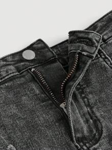 SHEIN Tween Girls Distressed Cuffed Denim Shorts, Summer - Black - View 3