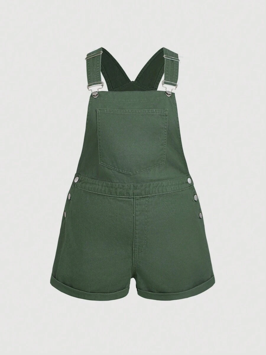 SHEIN MOD Quần short yếm denim cỡ lớn thông thường, cotton màu xanh quân đội - xanh quân đội - Xem 1