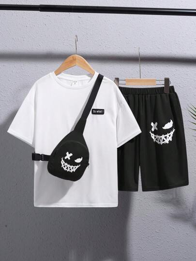 SHEIN Teen Boy Sporty Casual College Style Short Sleeve Top + Shorts + Sling Bag 3pcs Set, Spring/Summer