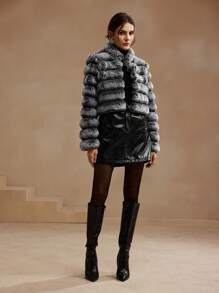 Anewsta Short Length Black & Faded Dual Color Embossed Fuzzy Jacket, Women Cold-Proof Coat