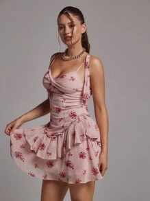 SHEINNeu Women's Summer Elegant Ditsy Floral Twist Front Ruffle Hem Cami Dress