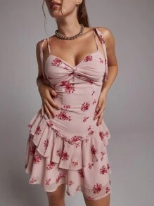 SHEINNeu Women's Summer Elegant Ditsy Floral Twist Front Ruffle Hem Cami Dress