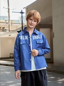 SHEIN Camisa de manga larga simple estampada para niños preadolescentes