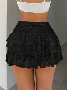 SHEIN SXY 女士白色蕾丝裙夏季衣服荷叶边裙女孩黑色裙子黑色裙子女士黑色短裙 - 黑色 - 查看 2