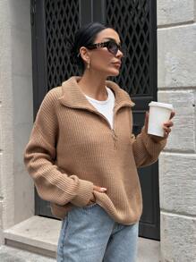 EURMUSE Woman Zipper Collar Loose Fit Comfy Warm Sweater - Camel - View 6