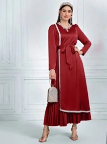 Modelyn 女士纯色拼布 V 领长袖褶皱长袍连衣裙长款晚礼服 - 紅色 - 查看 8