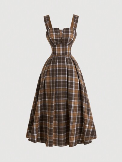 SHEIN MOD Robe mi-longue à carreaux pour femmes, retour à l'école, tenues d'automne pour femmes, robe d'Halloween, tenues vintage, robe évasée, tenues des années 70, robes d'automne, robe de bal, robe d'été, robe à carreaux, tenues de célibataire