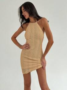 SHEIN Privé Women Open Shoulder Solid Color Simple Knitted Casual Dress