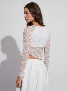 SHEIN EZwear Spring/Summer Sexy Fashion White Lace Floral Asymmetrical Hem Slim Fit Long Sleeve Top With Square Neckline - White - View 2