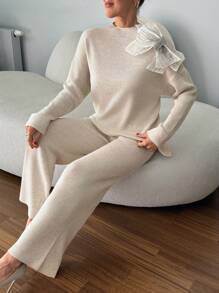 EURMUSE Women Sweater Sets With 3d Big Ribbon Detail - Beige - View 4
