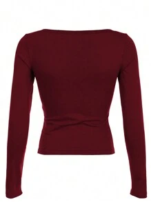 INAWLY 女士字母数字印花纽扣长袖T恤，春秋季女式上衣 - 酒紅色 - 查看 2