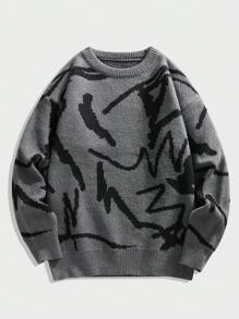 Manfinity LEGND Męski sweter z asymetrycznym wzorem w linie, luźny, swobodny, dzianinowy, jesienno-zimowy, z długim rękawem