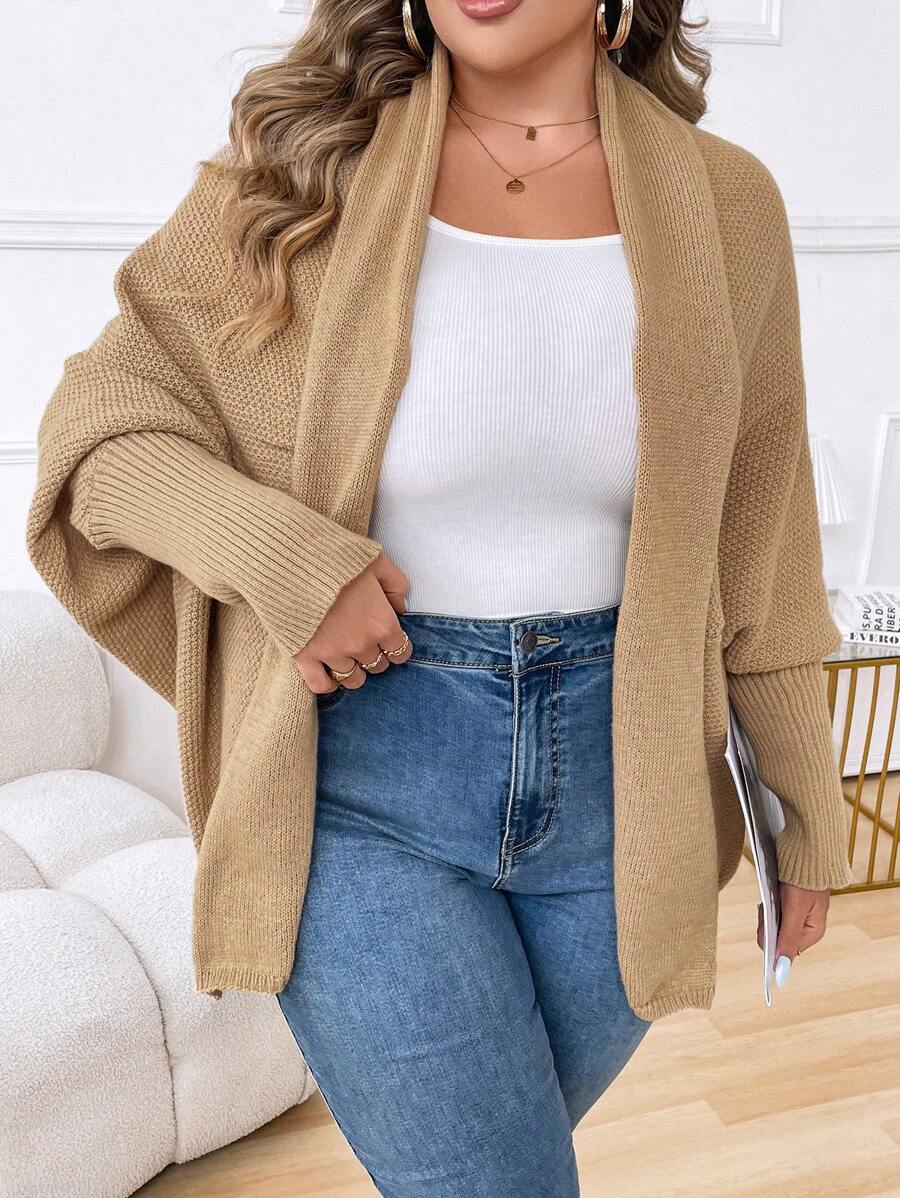 Calvaya Plus Size Women's Solid Color Minimalist Long Sleeve Cardigan - Apricot - View 1