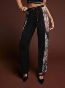 SHEINNeu Women's Solid Color Printed Patchwork Drawstring Waist Casual Trousers Fall Women's Clothing Fall Women's Clothing Fall Clothing Fall Clothing Tween Girls Pants Girls Pants