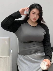 Dazy Plus Plus Size Color Block Crew Neck Fitted Long Sleeve Casual T-Shirt, Suitable For Spring, Summer, Autumn Preppy Tops,Fall Women Clothes - Grey - View 5