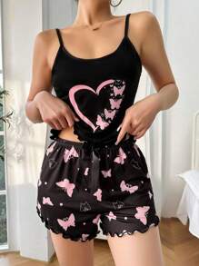Heart & Butterfly Print Camisole Shorts Pajama Set