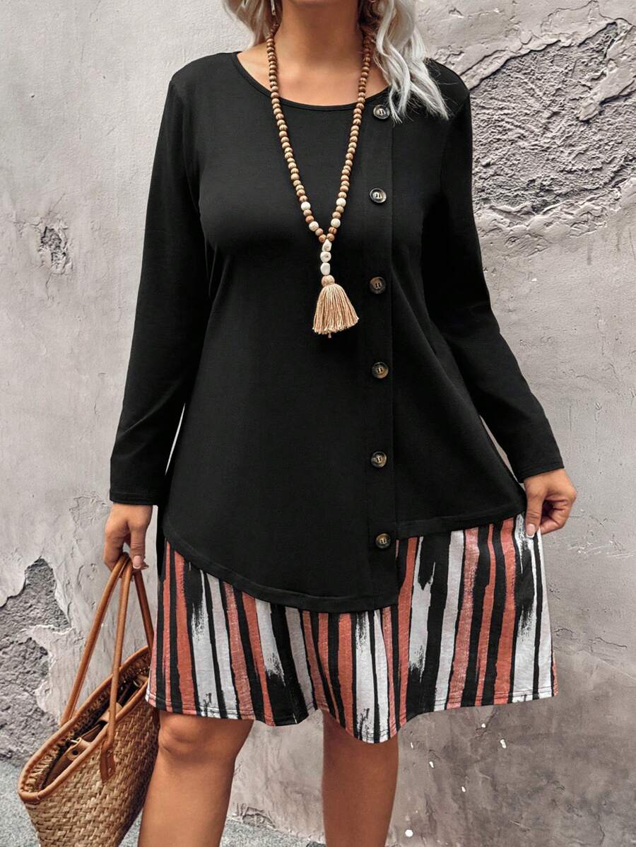 Plus Size Leisure Colorblock Striped Patchwork Dress Fall Cloth For Women - Multicolor - View 1