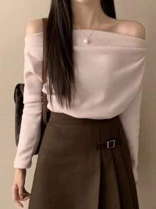 DAZY 女士纯色简约露肩垂坠T恤，适合日常穿着、秋季服装、返校服装长袖女式上衣 - 粉色 - 查看 7