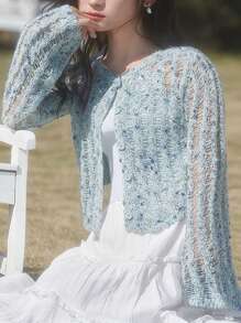 Flirla Plus Size Full Button Allover Print Knitted Cardigan With Round Neck And Long Sleeves - Multicolor - View 1