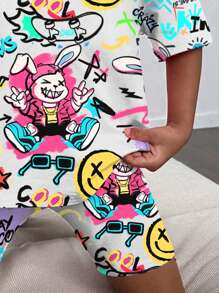 SHEIN 2 piezas Conjunto informal de verano para niñas preadolescentes con camiseta gráfica de dibujos animados y pantalones cortos, diseño de patrón fresco - Multicolor - Ver 4