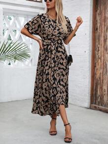 Chiquease Women Print Crew Neck Short Sleeve Twist Front Mini Dress - Black - View 3