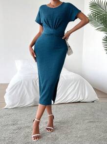 SHEIN Clasi Mặt trước xoắn tay cánh Váy liền áo vừa vặn - Màu xanh hải quân - Xem 4