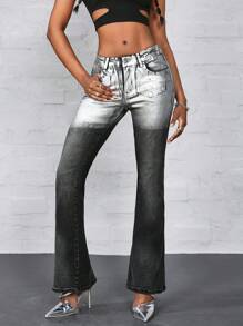 Jeanoix Silver Hot-Stamping Distressed Elastic Pocket Button Skinny Flare Jeans Grunge Skinny Bootcut Jeans