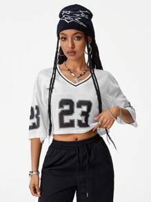 SHEIN Coolane Camiseta de manga corta con estampado de número de carreras de estilo de calle de primavera/verano de mujer, ropa deportiva de calle