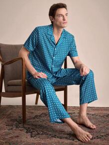 EverLounge Men's All-Over Print Button-Front Short Sleeve Shirt & Pants Pajama Set - Green - View 5