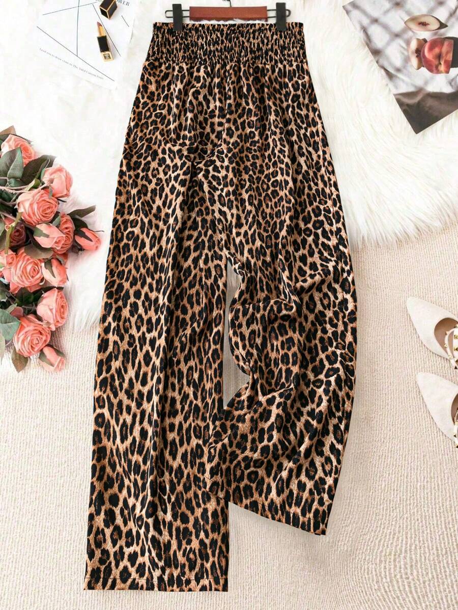 Calvaya Pantalon à jambe large à taille élastique imprimé léopard grande taille