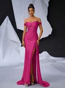 Glamrae Elegant Off Shoulder Ruched Bodycon High Slit Fishtail Maxi Evening Dress With Train, Formal Gown, For Wedding Guest, Graduation, Dinner Party Dress - Hot Pink - View 5