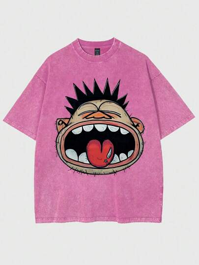 Street Life Men's Retro Fun Graffiti Print Snow Washed Short Sleeve T-Shirt For Summer, School