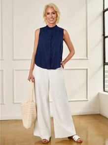 SHEIN LUNE Women's Summer Casual Solid Color Front Button Camisole Tank Top - Navy Blue - View 2