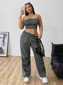 Flirla Conjunto de 2 piezas de top tubo de unicolor y pantalón cargo de talla grande - Gris Oscuro - Ver 1