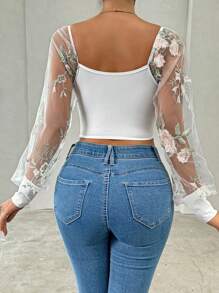 Allurite Women's Summer Sexy Floral Embroidery Sheer Mesh Sweetheart Collar Blouse