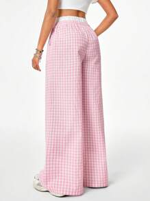 SHEIN EZwear Women's Back To School Street Style Cool Casual Women Spliced Waist Blue Plaid Weaved  Long Pants - Pink - View 2