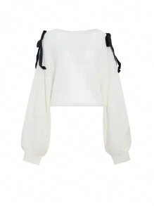 DAZY Women's Casual Bowknot Lantern Sleeve Sweater, Spring & Autumn,Long Sleeve Tops - White - View 8