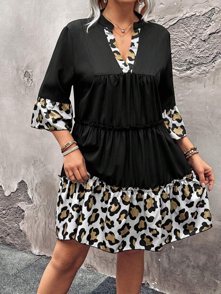 Plus Size Leopard Print V-Neck Ruffle Hem Casual Dress - Multicolor - View 1