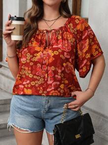 SHEIN LUNE Plus Size Lace-Up Allover Print Short Sleeve Shirt For Summer Outfits Teacher Outfits