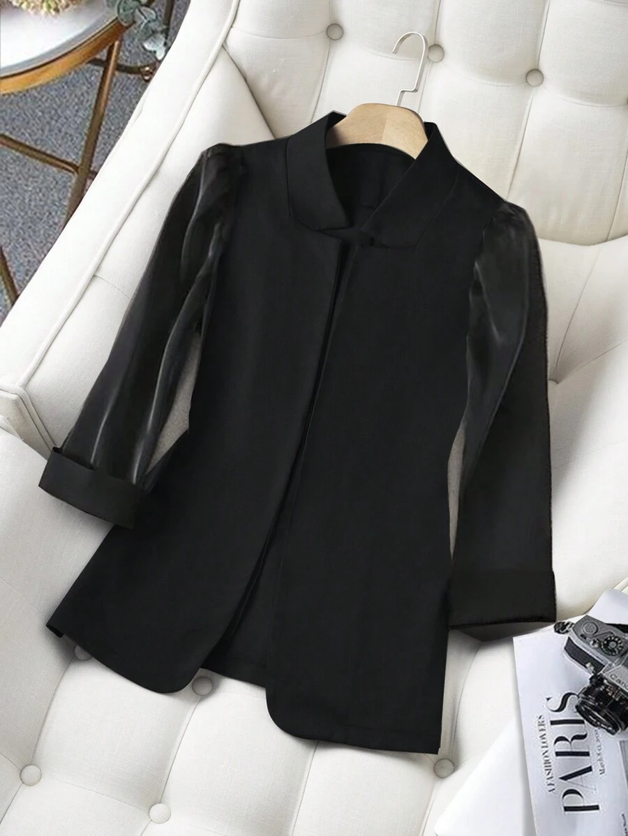 Chiquease 對比網眼蓬袖開襟西裝外套