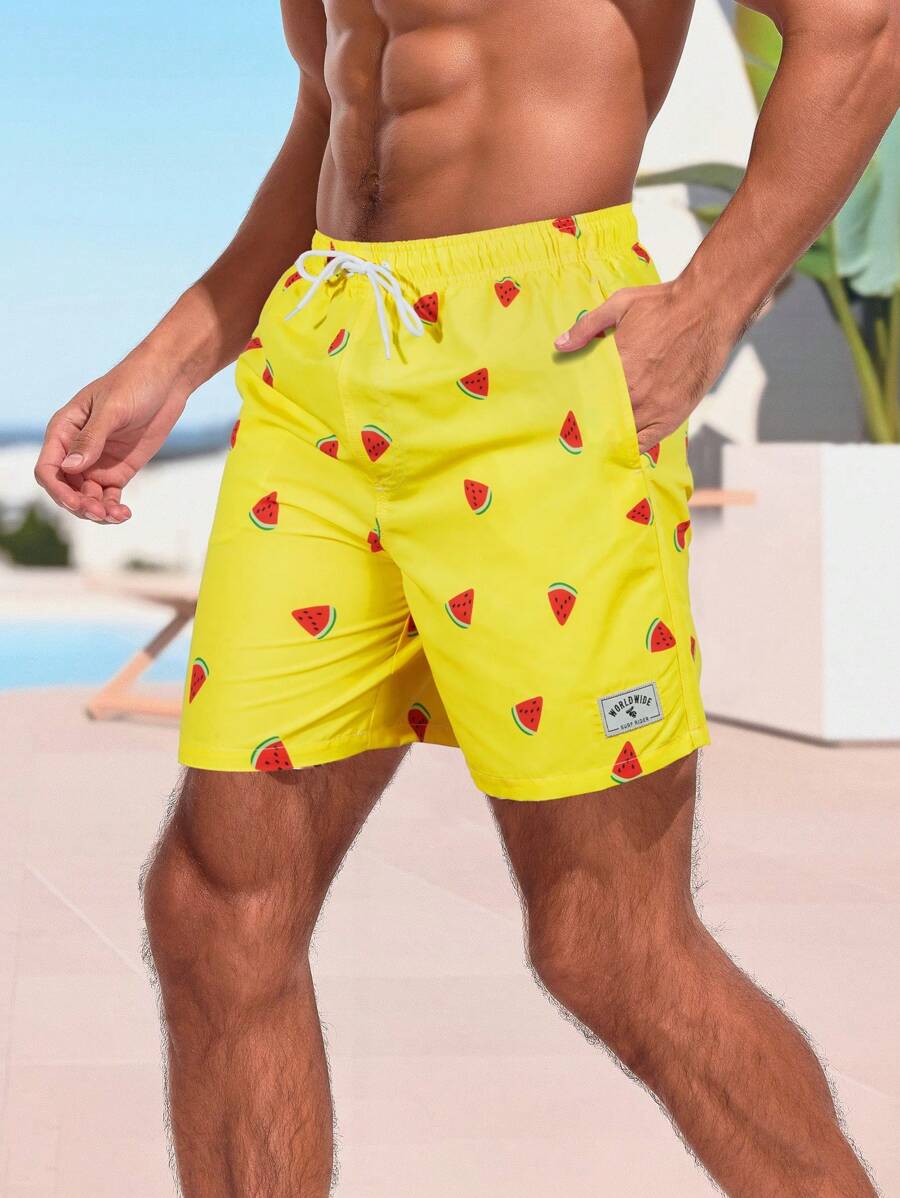 Surfspeed Men Watermelon Applique Print Drawstring Casual Beach Shorts With Pockets, Summer - Yellow - View 1