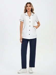 TaskEZ White And Navy Blue Nurse Wear Clothes For Women | Hospital Uniform For Nurses | Clinic Uniforms | Hospital Uniform Contrast Trim Short Sleeve Top And Long Pants  Scrubs Set  Scrub Sets  Uniform Coat Fits For Nurse, Pharmacist, Beautician, Dentist, Physician, Nurse Practitioners, Lab Staffs - Multicolor - View 16